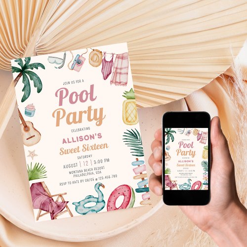 Modern Watercolor Summer Pool Party Sweet Sixteen Invitation