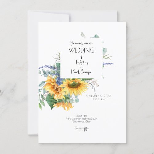 Modern Watercolor Sunflower Bouquet Wedding Invitation