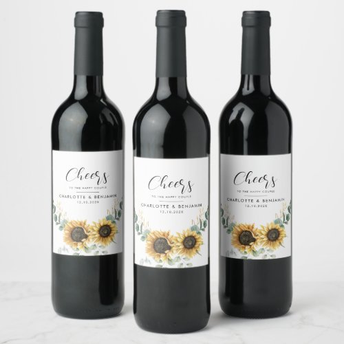Modern Watercolor Sunflower Eucalyptus Wedding Wine Label