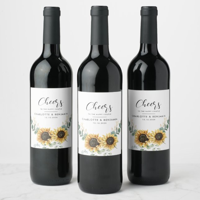 Modern Watercolor Sunflower Eucalyptus Wedding Wine Label (Bottles)