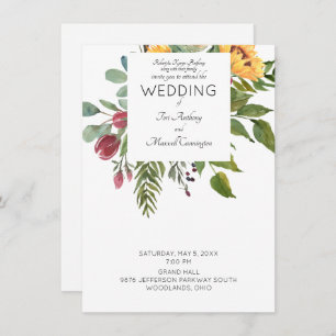 Modern Watercolor Sunflower Parents White Wedding Invitation