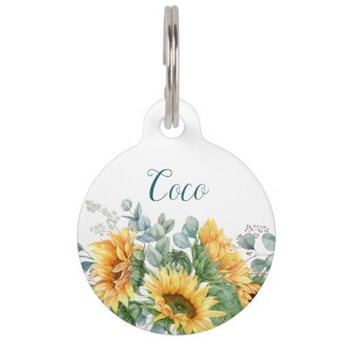 Modern Watercolor Sunflower Pet ID Tag