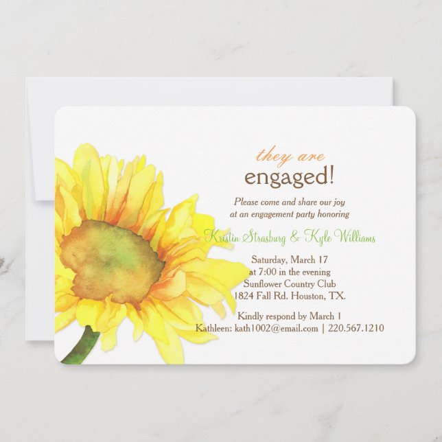 Modern Watercolor Sunflower Wedding Engagement Invitation (Front)