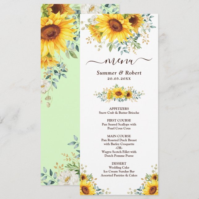 Modern Watercolor Sunflower Wedding Menu Card (Front/Back)