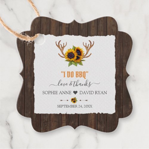 Modern Watercolor Sunflowers Antlers Wood I DO BBQ Favor Tags