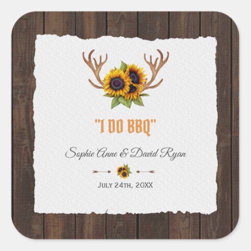 Modern Watercolor Sunflowers Antlers Wood I DO BBQ Square Sticker