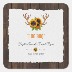 Modern Watercolor Sunflowers Antlers Wood I DO BBQ Square Sticker