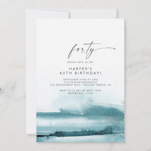 Modern Watercolor Teal 40th Birthday Party Invitation