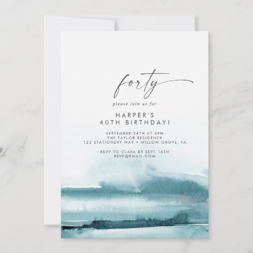 Modern Watercolor  Teal 40th Birthday Party Invitation