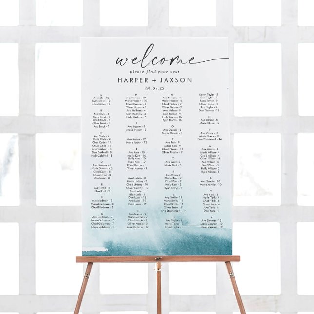Modern Watercolor Teal Alphabetical Seating Chart Foam Board (Creator Uploaded)
