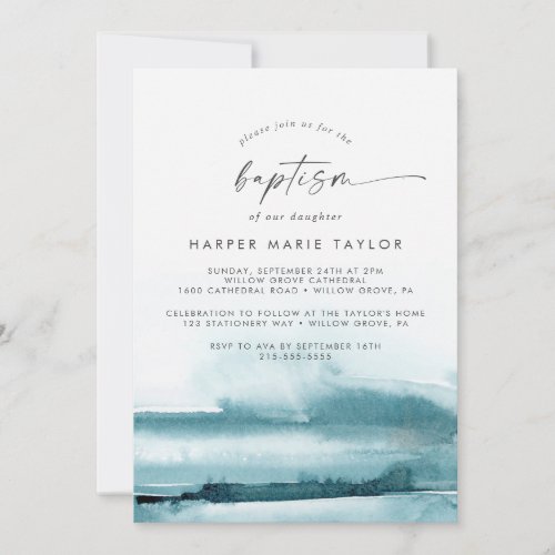 Modern Watercolor  Teal Baptism Invitation
