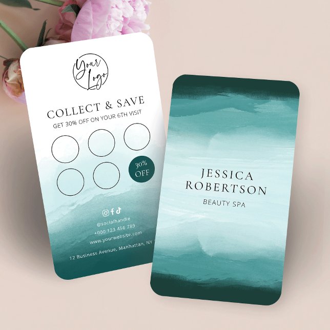 Modern Watercolor Teal Beauty Salon Nails Spa Loyalty Card (Elegant turquoise watercolor business loyalty cards with 6 stamp slots: add more in the editing tool)