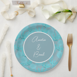 Modern Watercolor Teal Blue Floral Design Wedding  Paper Plates