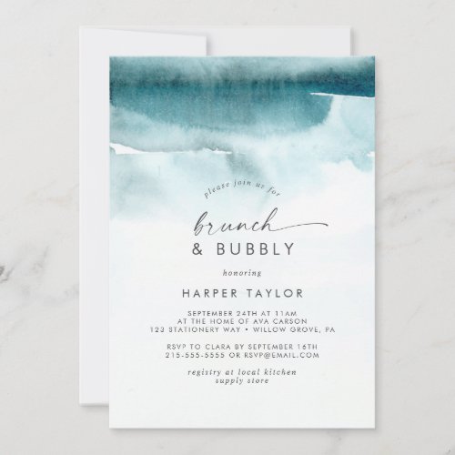 Modern Watercolor  Teal Brunch  Bubbly Bridal Invitation