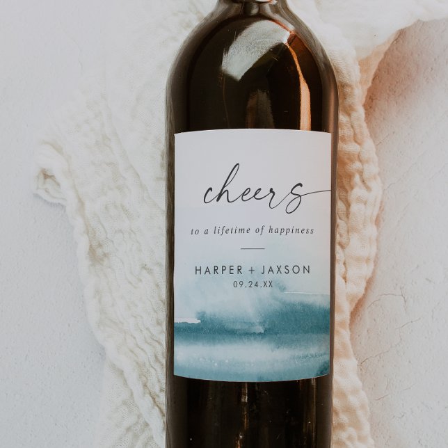 Modern Watercolor | Teal Cheers Wedding Wine Label (Creator Uploaded)