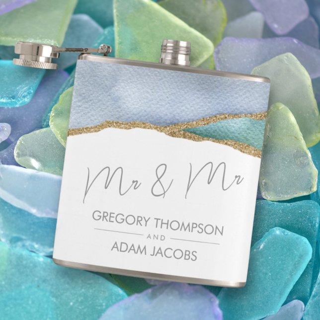 Modern Watercolor Teal Dusty Blue Mr Mr Wedding Flask (Creator Uploaded)