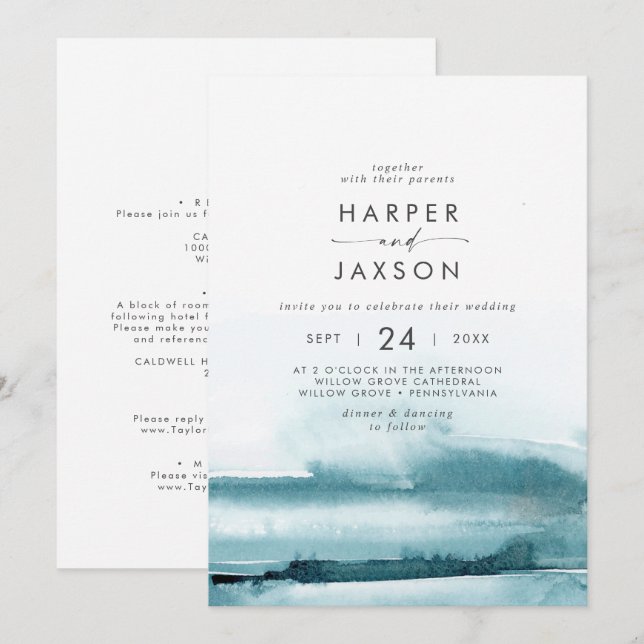 Modern Watercolor | Teal Front and Back Wedding Invitation (Front/Back)