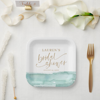 Modern Watercolor Teal & Gold Bridal Shower Paper Plates