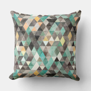 Modern Watercolor Teal Gray Gold Triangle Pattern Throw Pillow