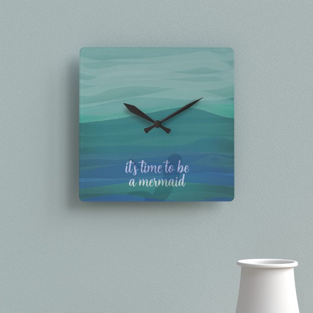 Modern Watercolor Teal Mermaid Clock (It's time to be a mermaid! You can add your own text to this teal watercolor clock)