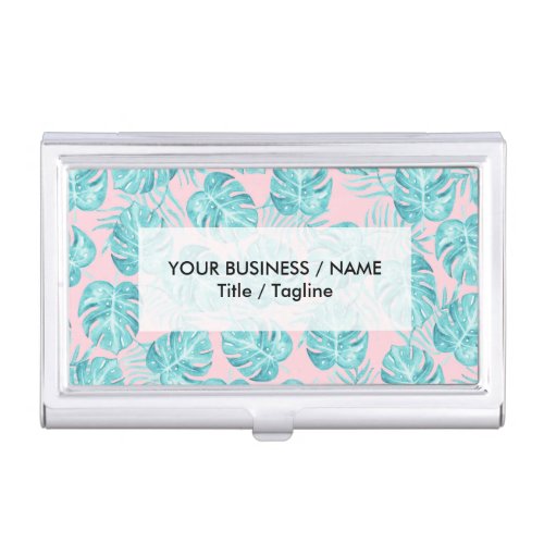 Modern watercolor teal pink tropical cute flowers business card holder