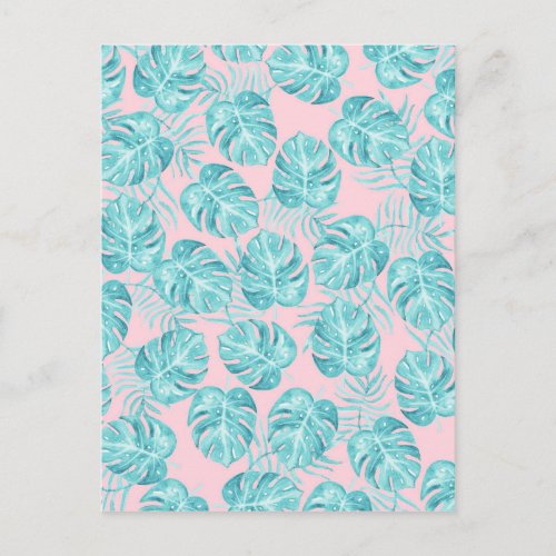 Modern watercolor teal pink tropical cute flowers postcard