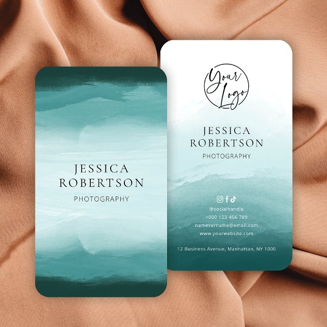 Modern Watercolor Teal Professional Logo Business Card (Modern teal watercolor business cards with your logo and custom text)