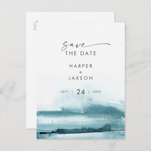 Modern Watercolor  Teal Save the Date Invitation Postcard