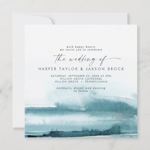 Modern Watercolor  Teal Square Wedding Invitation