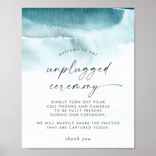 Modern Watercolor  Teal Unplugged Ceremony Sign