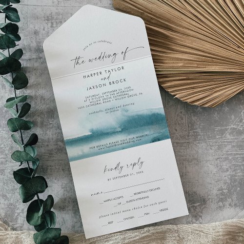 Modern Watercolor  Teal Wedding All In One Invitation