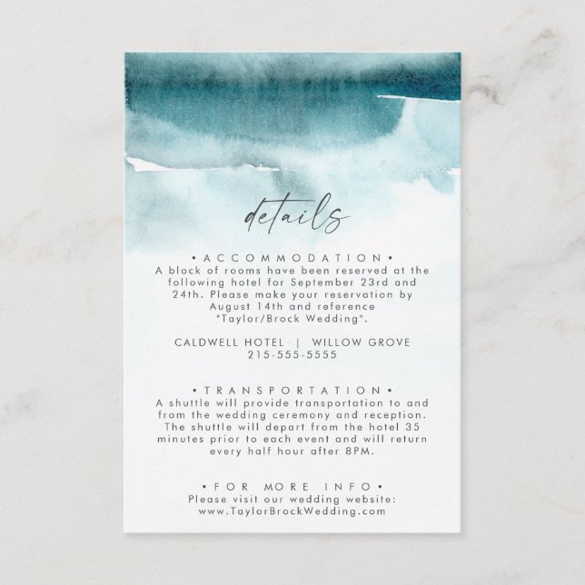 Modern Watercolor | Teal Wedding Details Enclosure Card (Front)