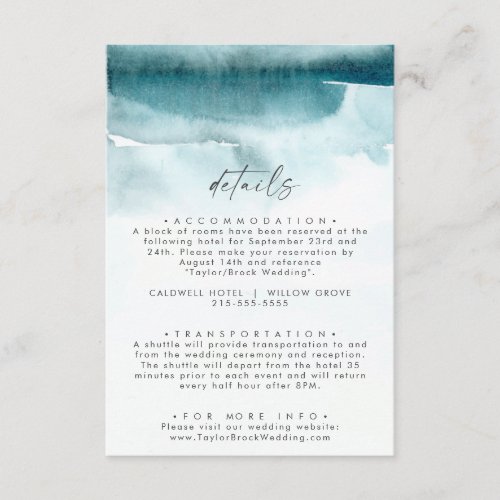 Modern Watercolor  Teal Wedding Details Enclosure Card