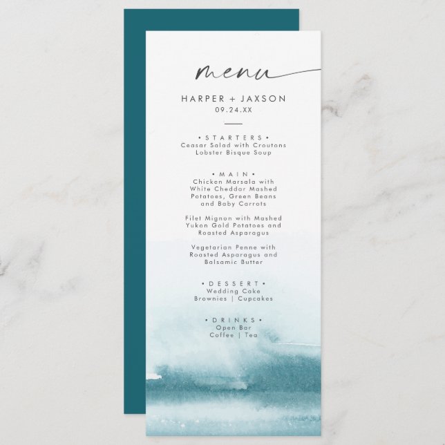 Modern Watercolor | Teal Wedding Dinner Menu (Front/Back)