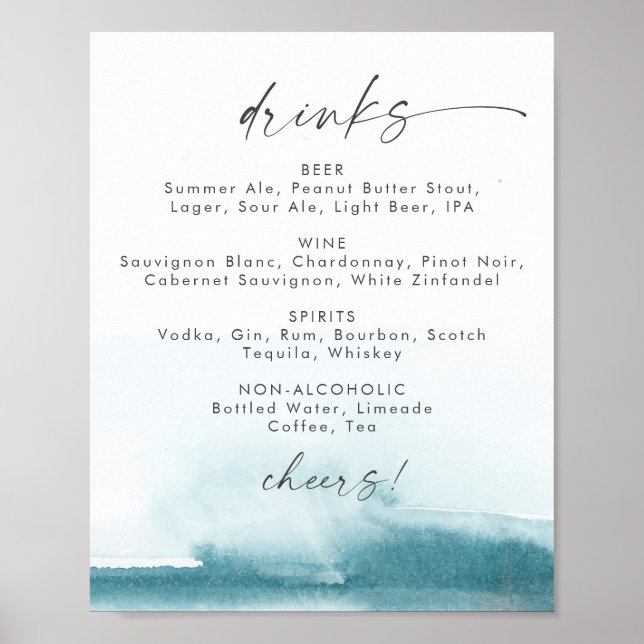 Modern Watercolor | Teal Wedding Drinks Menu Sign (Front)