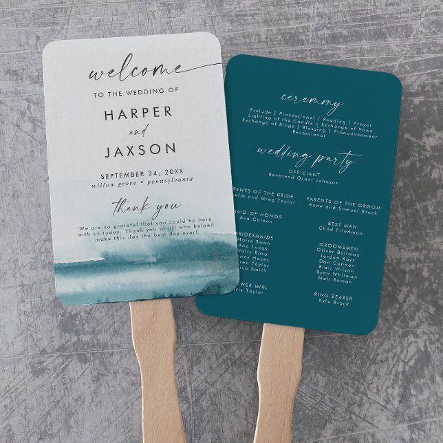 Modern Watercolor | Teal Wedding Program Hand Fan (Creator Uploaded)