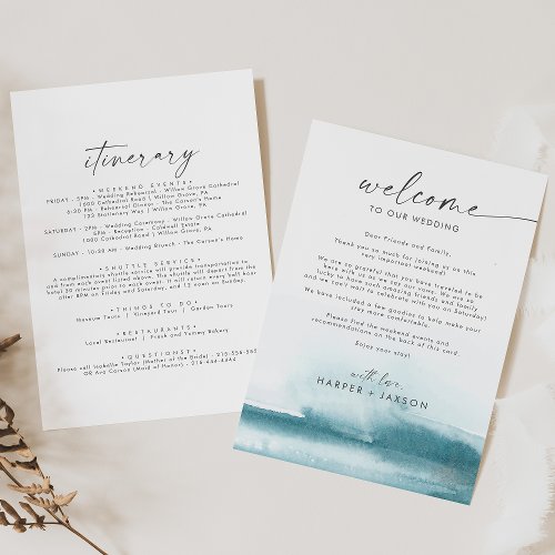 Modern Watercolor Teal Welcome Letter  Itinerary