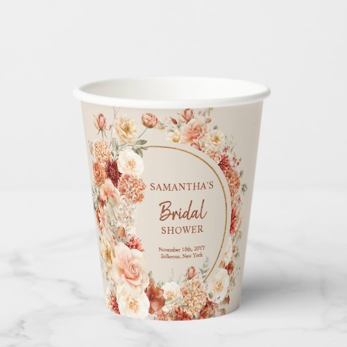 Modern watercolor terracotta burgundy blush floral paper cups