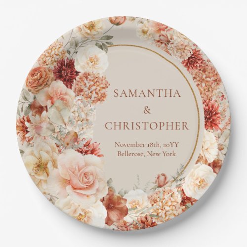 Modern watercolor terracotta burgundy blush floral paper plates