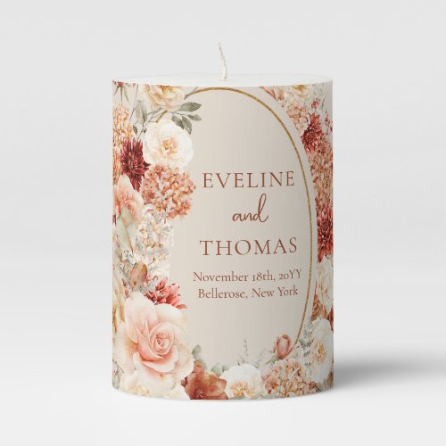 Modern watercolor terracotta burgundy blush floral pillar candle