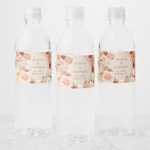 Modern watercolor terracotta burgundy blush floral water bottle label