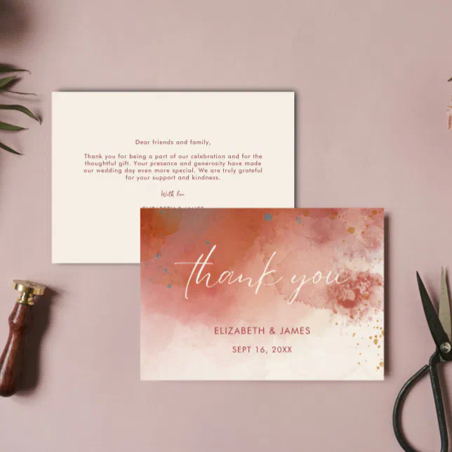 Modern Watercolor Terracotta Desert Boho Wedding Thank You Card | Zazzle