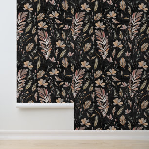 Modern Watercolor Terracotta Leaves Black Wallpaper