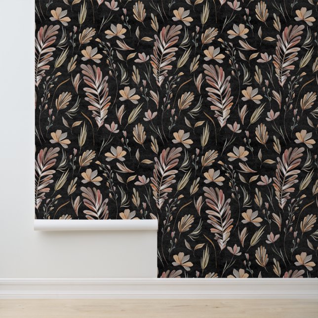 Modern Watercolor Terracotta Leaves Black Wallpaper (Application)
