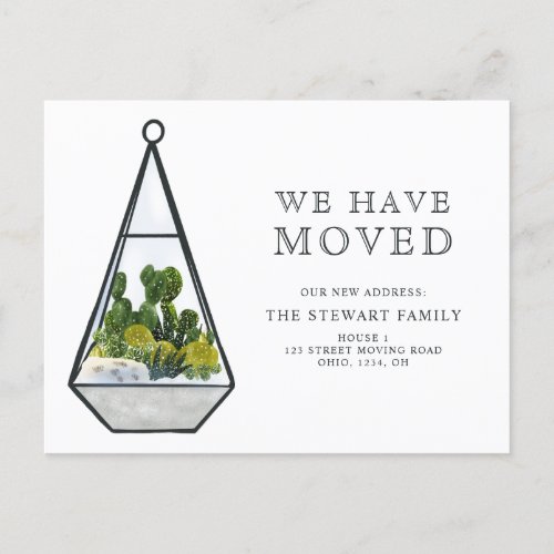 Modern watercolor terrarium cactus new home moving announcement postcard