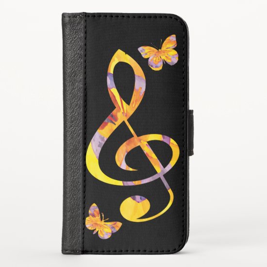 Modern watercolor treble clef and butterflies iPhone XS wallet case