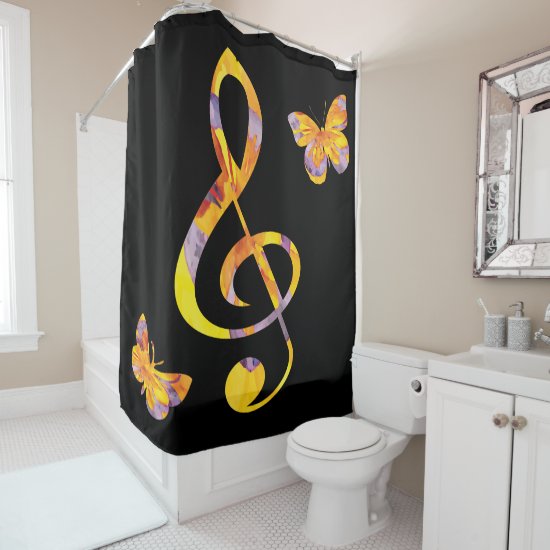 Modern watercolor treble clef and butterflies shower curtain