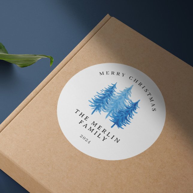 Modern Watercolor Trees Merry Christmas Classic Round Sticker (Creator Uploaded)