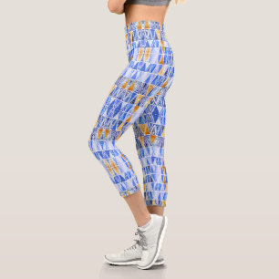 Modern watercolor tribal triangles in blue gold capri leggings