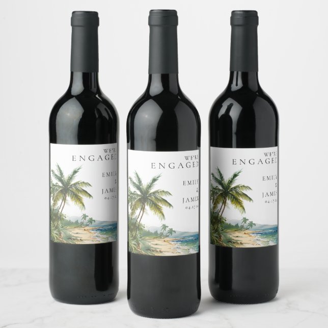 Modern Watercolor Tropical Beach Engagement Party Wine Label (Bottles)